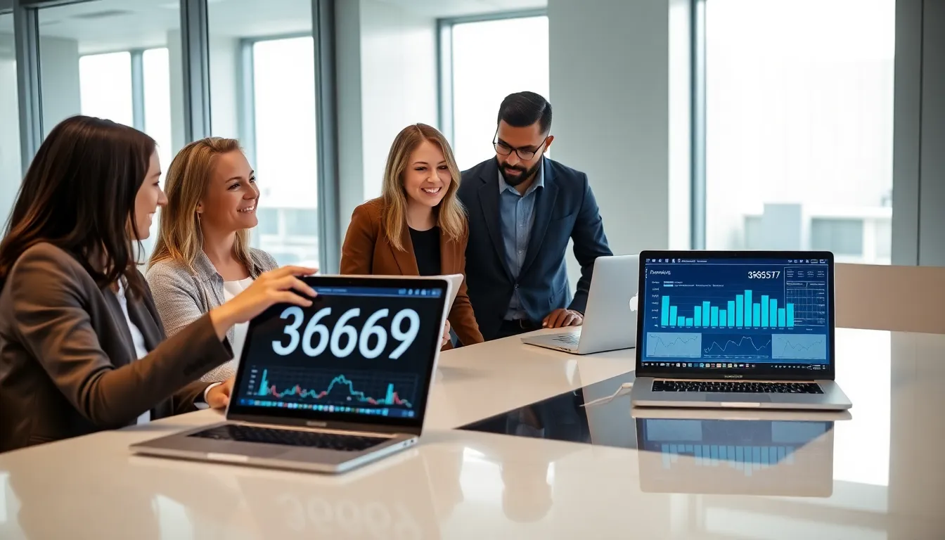 diverse team analyzing data in a modern office setting.